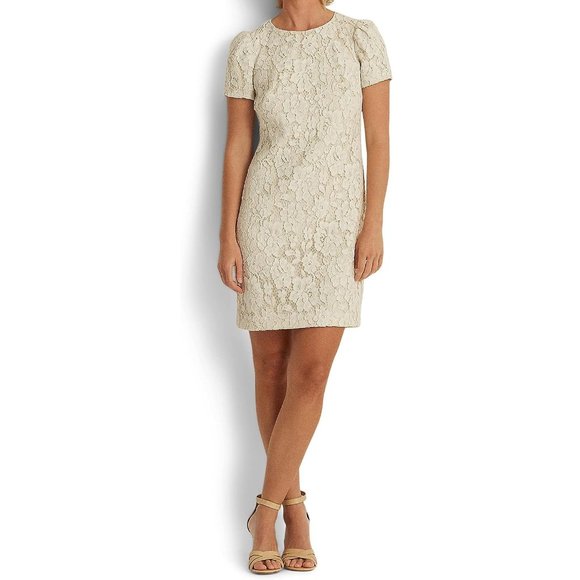 LAUREN Ralph Lauren Puff-Sleeve Lace Cocktail Dress in Marscapone Cream NWT - Picture 1 of 6